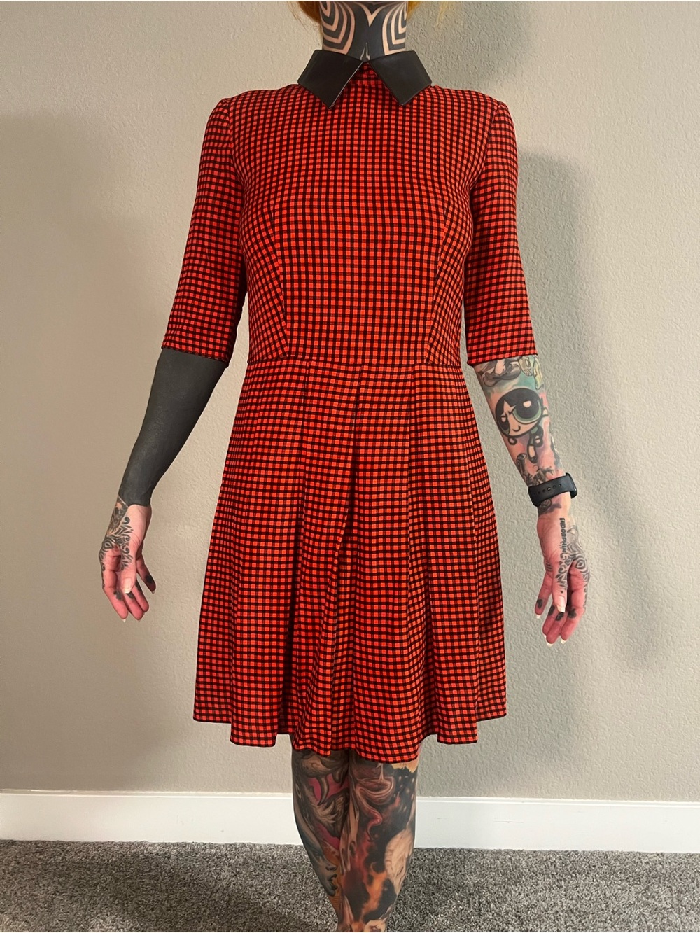 Red & Black Midi Dress with Contrast Collar